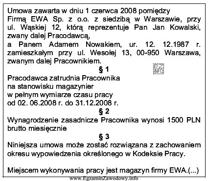 Na podstawie zamieszczonego fragmentu umowy, określ jej rodzaj.