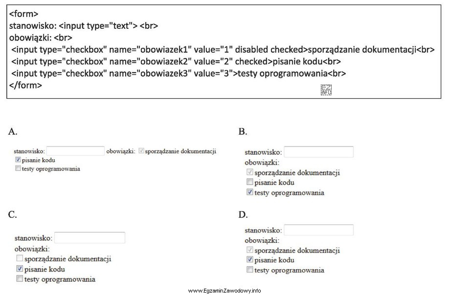 Zamieszczony kod HTML formularza zostanie wyświetlony przez przeglądarkę 