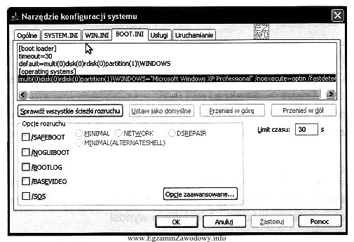 Okno przedstawia program msconfig. Zakładka BOOT.INI pozwala na