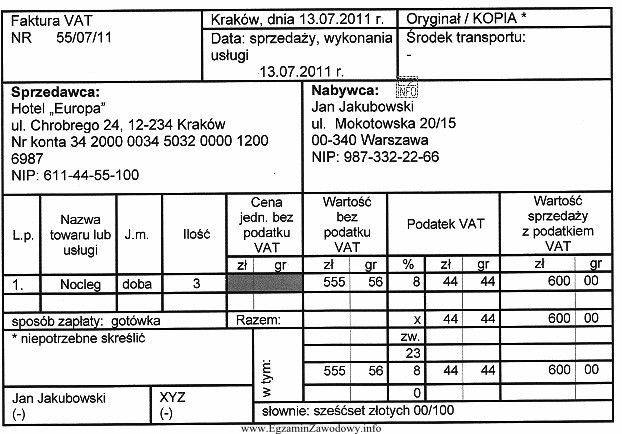Jaką cenę jednostkową bez podatku VAT wpisze recepcjonista w zaznaczonym 