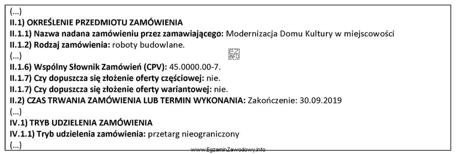 Na podstawie załączonego fragmentu ogłoszenia o zamówienie 