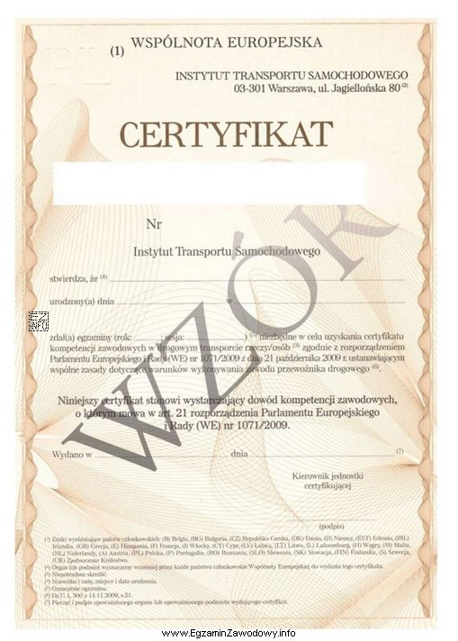 Na ilustracji przedstawiono wzór certyfikatu