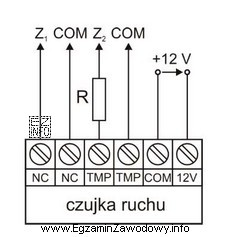 Na rysunku przedstawiono schemat połączeń czujki ruchu w konfiguracji