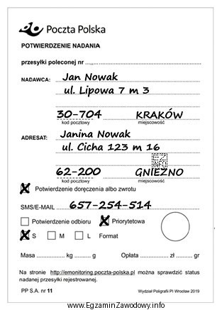 Analizując zamieszczony druk potwierdzenia nadania przesyłki poleconej moż