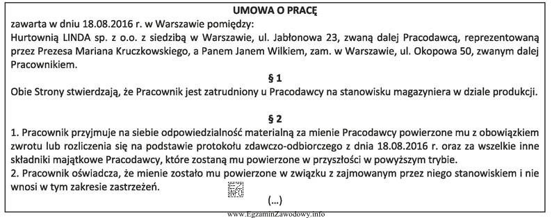 Zamieszczony fragment umowy dotyczy odpowiedzialności materialnej