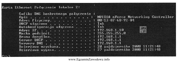 Na poniższym ekranie I pokazano adres MAC karty sieciowej 