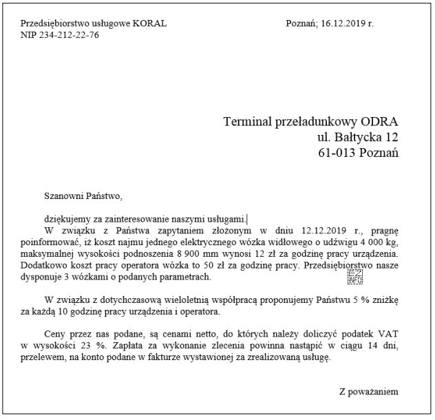 Której informacji nie zawiera przedstawiona oferta?