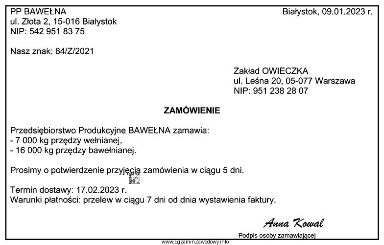 Zgodnie z przedstawionym zamówieniem, które zostało przyję