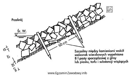 Na rysunku jest przedstawiony sposób ubezpieczenia skarpy koryta cieku 