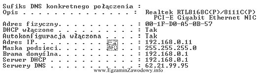 W wyniku polecenia ipconfig została wyświetlona konfiguracja przedstawiona 