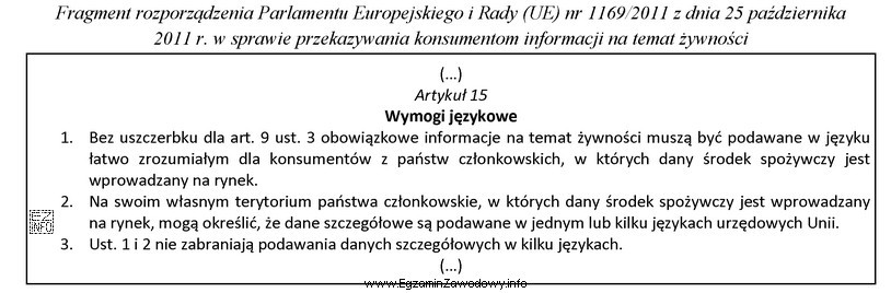 Na podstawie zamieszczonego przepisu, wskaż wymogi językowe, które 