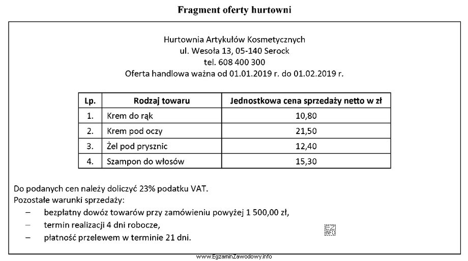 Który z elementów przedstawionej oferty hurtowni <u><strong>