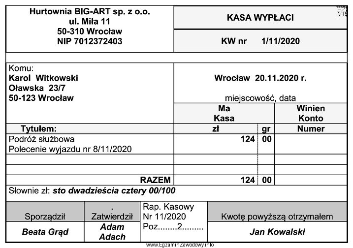 Wskaż dekret operacji gospodarczej udokumentowanej przedstawionym dowodem księgowym wystawionym 