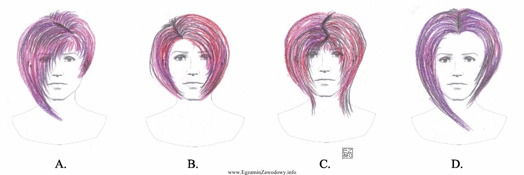 Wskaż rysunek fryzury z zaprojektowanym symetrycznym przedziałkiem.