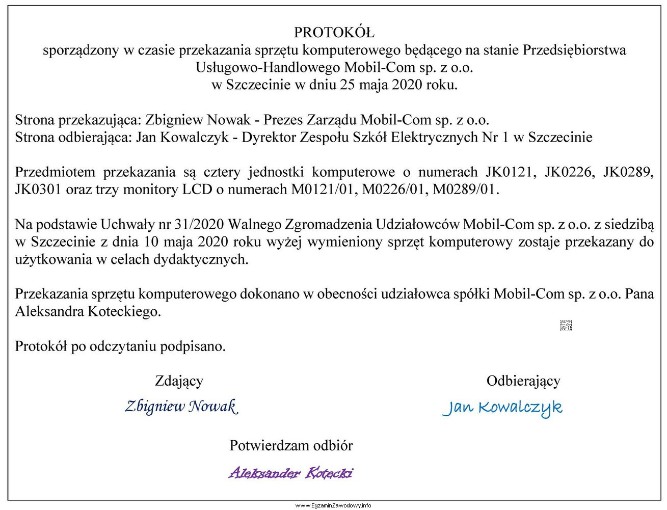 Zamieszczony protokół zdawczo-odbiorczy jest dokumentem niekompletnym, ponieważ nie zawiera