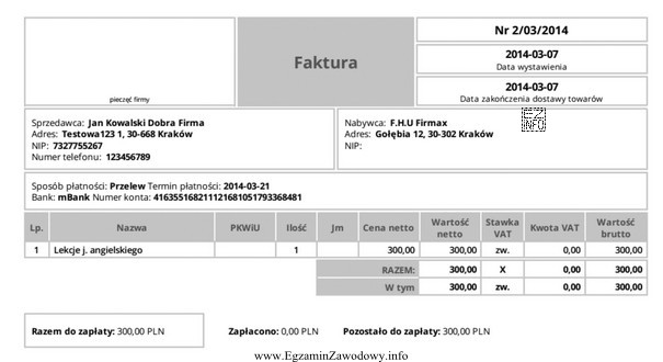 W przedstawionym fragmencie faktury sprzedaży usług nie figuruje 