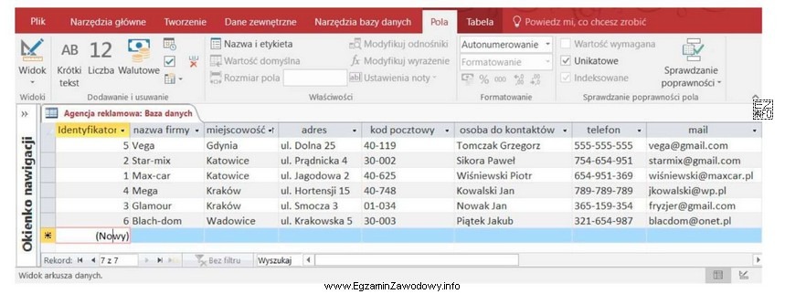 Jakie kryterium sortowania zastosowano w bazie danych, której fragment 