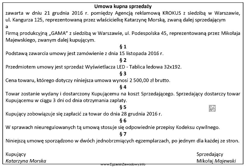 Jaki błąd popełniono w załączonej umowie kupna 