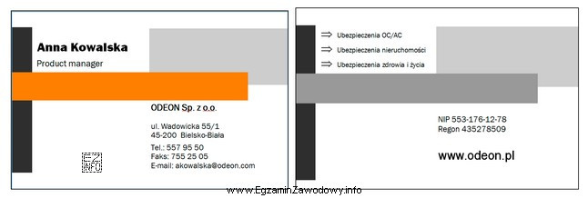 Określ rodzaj wizytówki pokazanej na rysunku oraz zestaw 