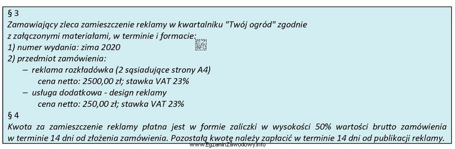 W oparciu o zamieszczony fragment umowy o emisję reklamy prasowej 