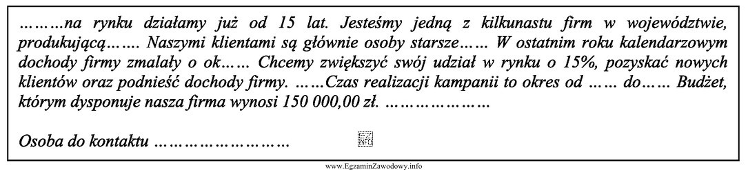 W ramce zamieszczono fragment pisma firmy, skierowanego do agencji reklamowej. 