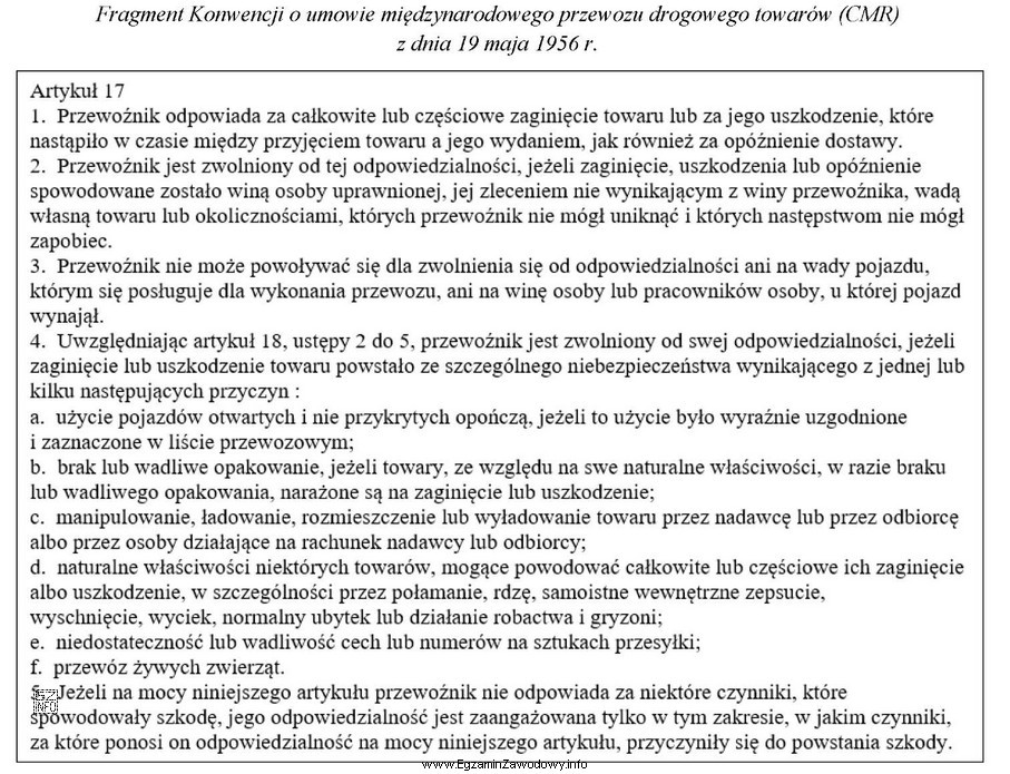 Zgodnie z przedstawionym fragmentem przepisów, przewoźnik <u><strong>