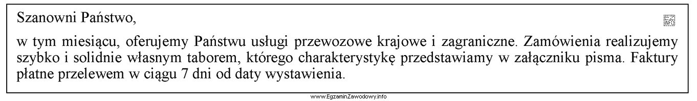 Niezbędnym elementem oferty handlowej, którego brakuje w przedstawionym 