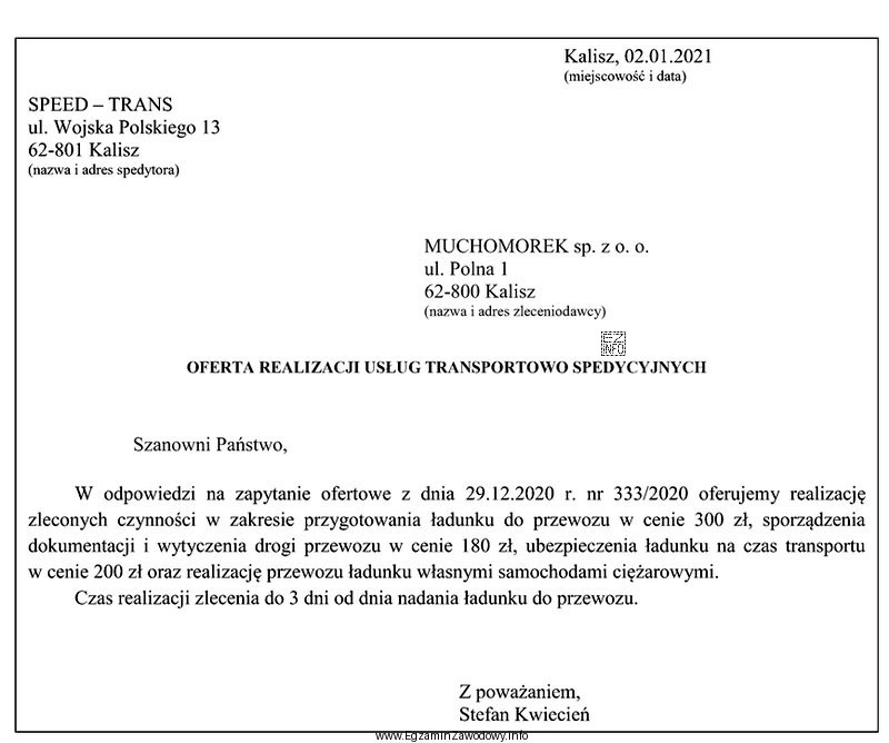 Której informacji nie zawiera przedstawiona oferta?
