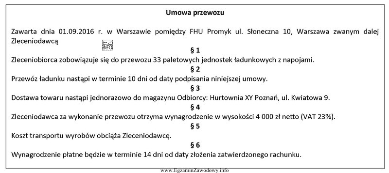 Której informacji brakuje w przedstawionym fragmencie umowy przewozu?