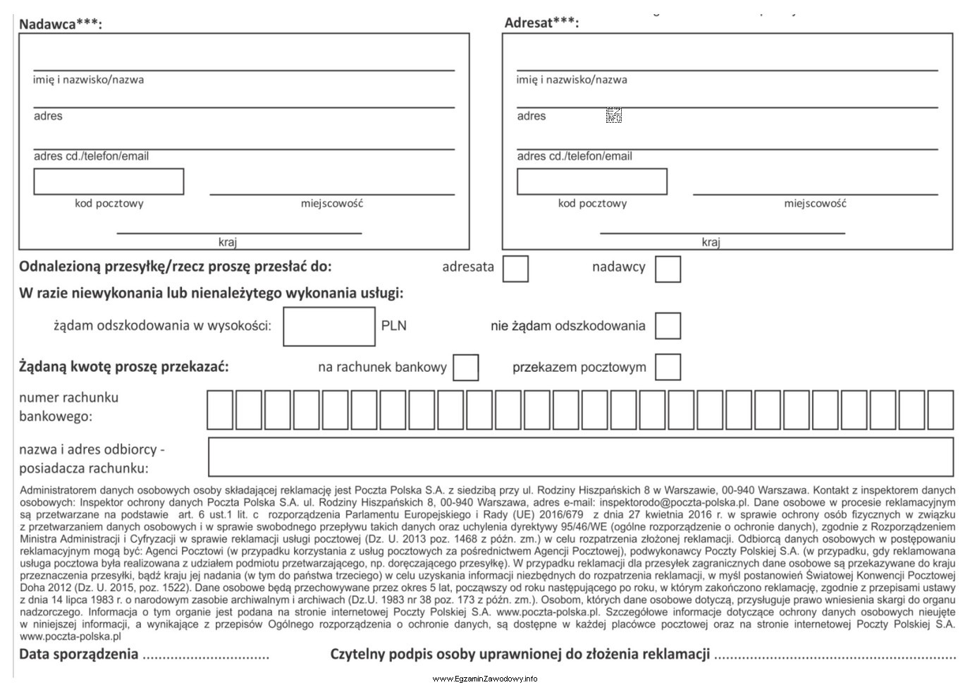 Na rysunku przedstawiono fragment formularza przeznaczonego do sporządzenia