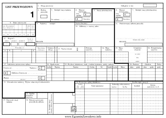 Na rysunku przedstawiono list przewozowy stosowany w transporcie