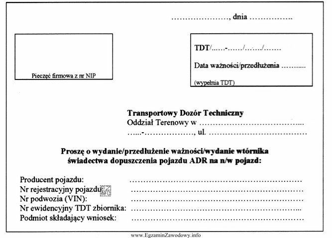 Na rysunku przedstawiono fragment wniosku o wydanie świadectwa dopuszczenia 