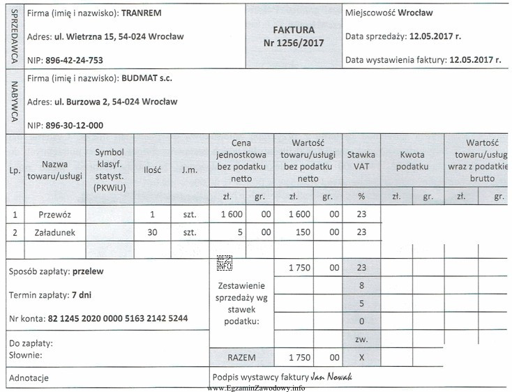 Oblicz, na jaką wartość brutto powinna być wystawiona przedstawiona faktura.