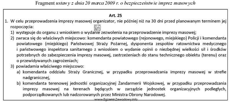 Na podstawie fragmentu ustawy o bezpieczeństwie imprez masowych przeprowadzenie 