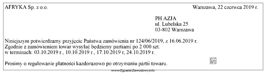 Przedsiębiorstwo handlowe AZJA otrzymało dokument, którego fragment 