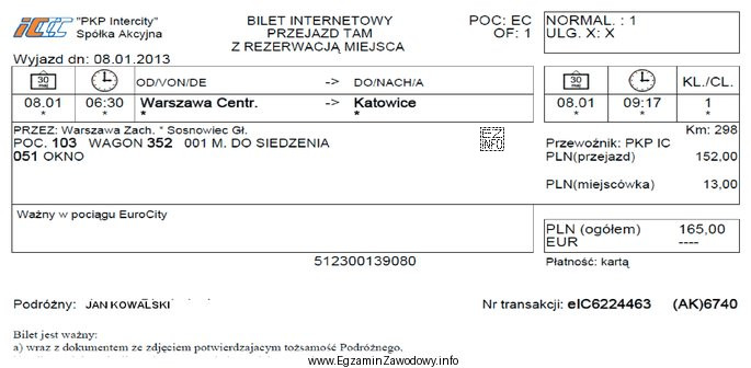Zgodnie z przedstawionym biletem kolejowym podróż pasażera trwała 
