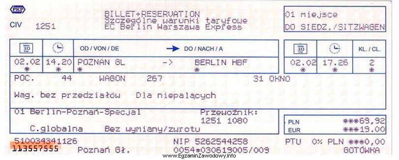 Z przedstawionego biletu kolejowego wynika, że pasażer