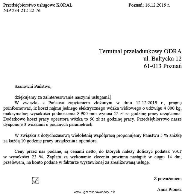 Której informacji nie zawiera przedstawiona oferta?