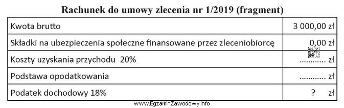 Na podstawie zamieszczonego fragmentu rachunku do umowy zlecenia nr 1/2019 oblicz 