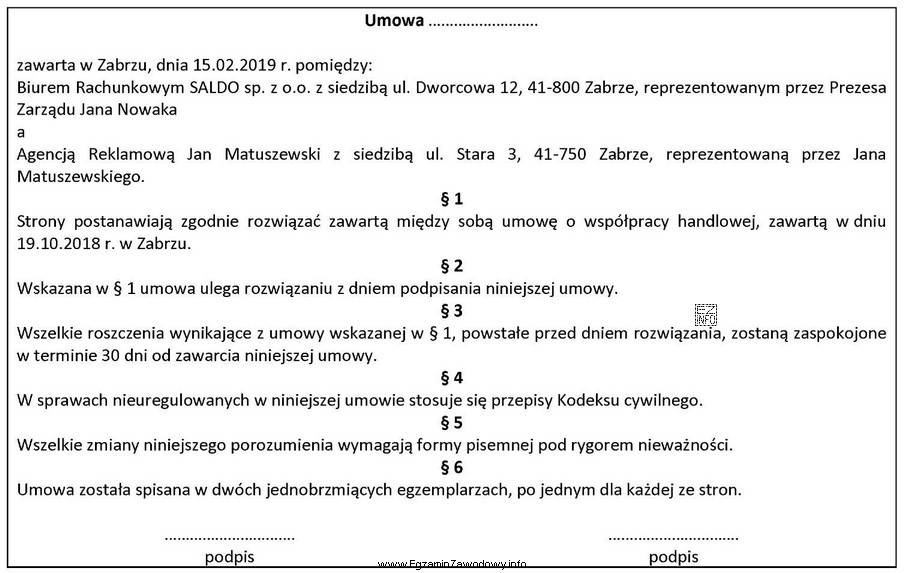 Co jest przedmiotem umowy o zamieszczonej treści?