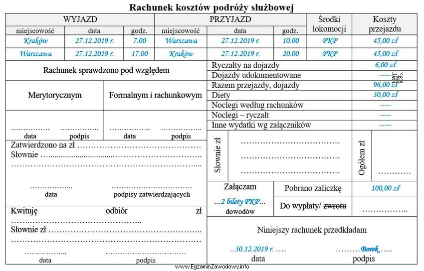 Na podstawie zamieszczonego rachunku kosztów podróży służ