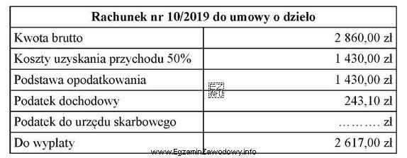 Na podstawie rachunku nr 10/2019 do umowy o dzieło ustal 