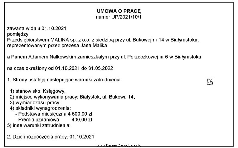 Ustal, której informacji brakuje w przedstawionej treści umowy 