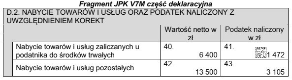 Na podstawie fragmentu JPK -V7M części deklaracyjnej, oblicz 