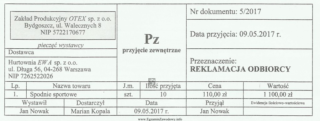 Którą operację gospodarczą dokumentuje dowód Pz nr 5/2017 wystawiony 