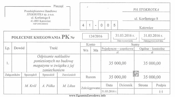 Operację gospodarczą na podstawie zamieszczonego dowodu PK należało 