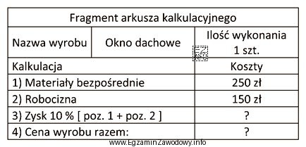 Ile wyniesie, zgodnie z danymi zawartymi we fragmencie arkusza kalkulacyjnego, 