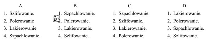 Która kolejność operacji dotyczy procesu technologicznego wykończenia powierzchni 