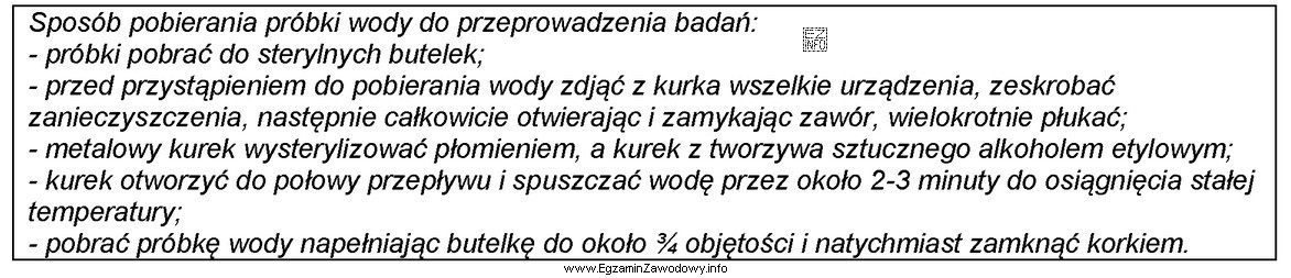 Przedstawiony sposób dotyczy pobierania próbki wody do przeprowadzenia 