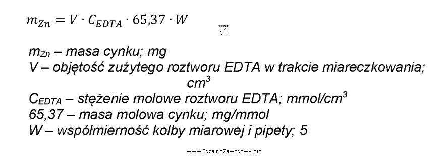 Oznaczono zawartość cynku w stopie metodą kompleksometryczną. W tym celu 